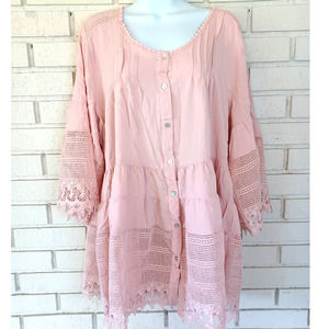 Blush Pink Button Up Crochet Detailing Tunic Blouse